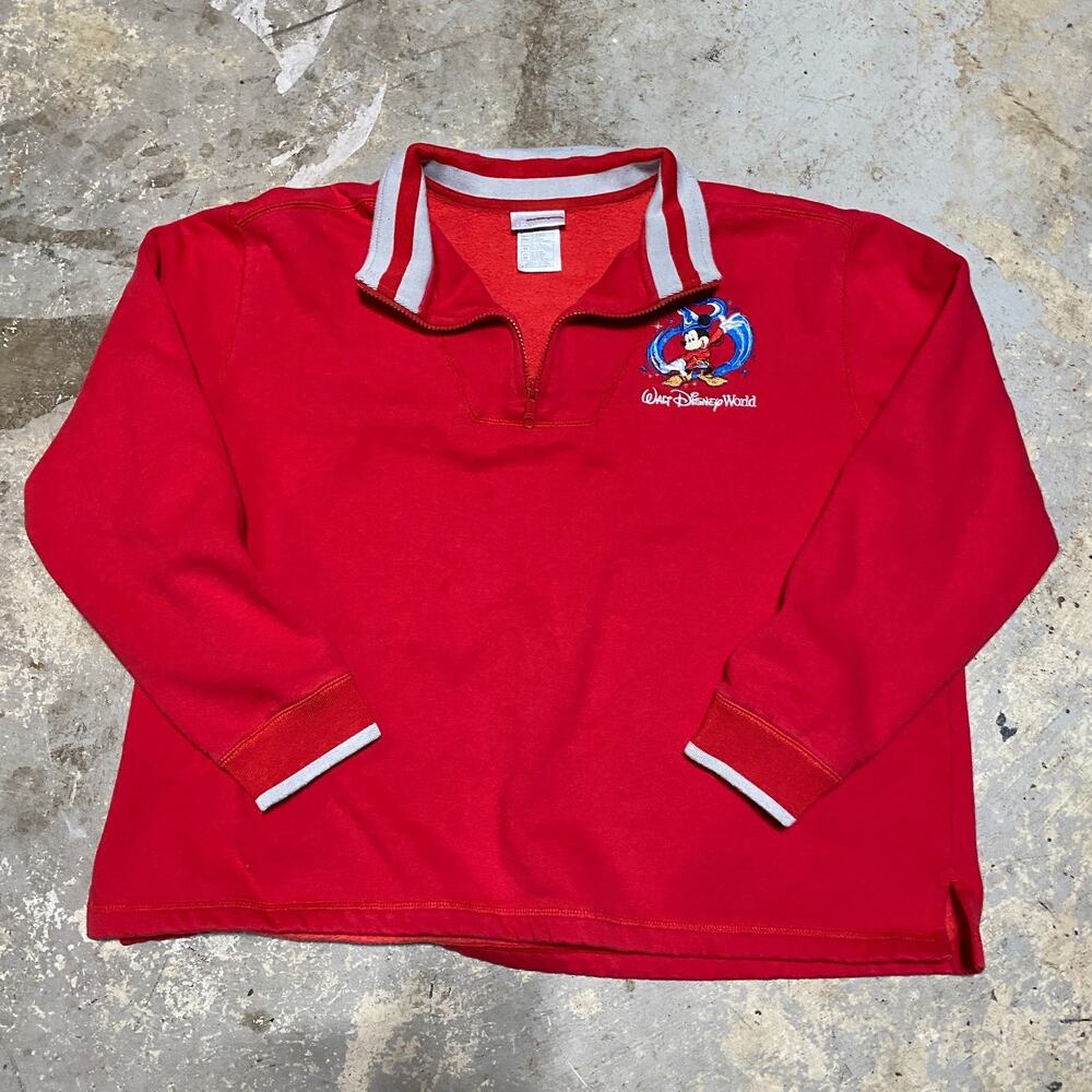 Vintage Walt Disney World Sorcerer Mickey Quarter Zip Sweatshirt Red 2XL